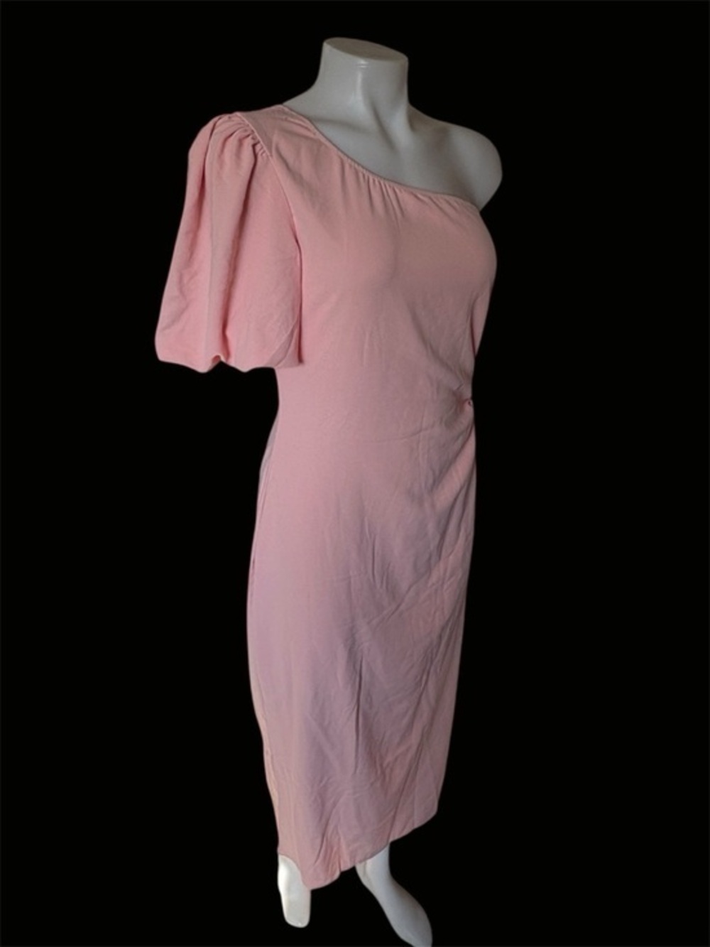 Elegant One-Shoulder Midi Dress in Blush Pink with Puff Sleeve